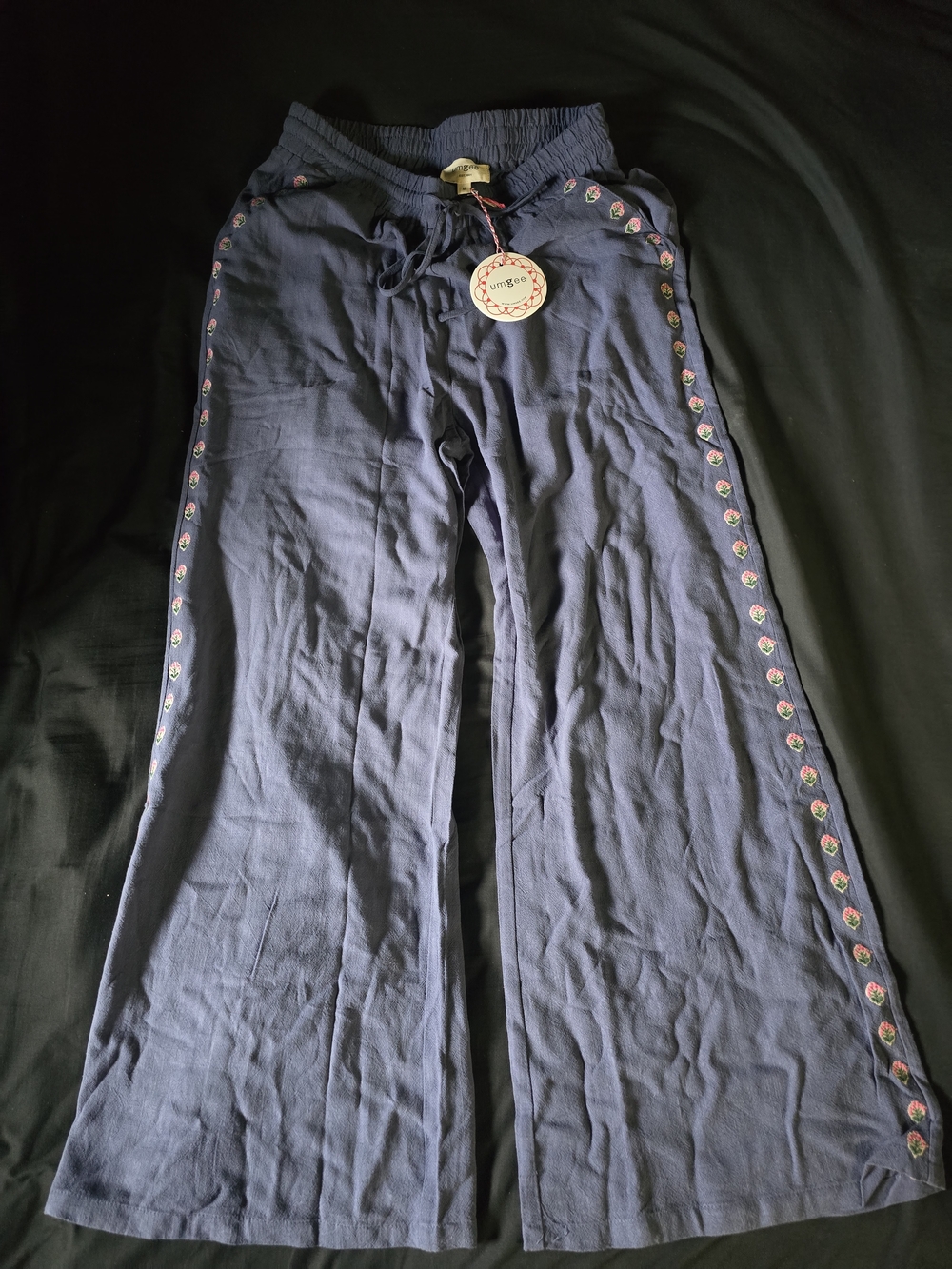 Umgee Navy Embroidered Side-Trim Wide Leg Pants